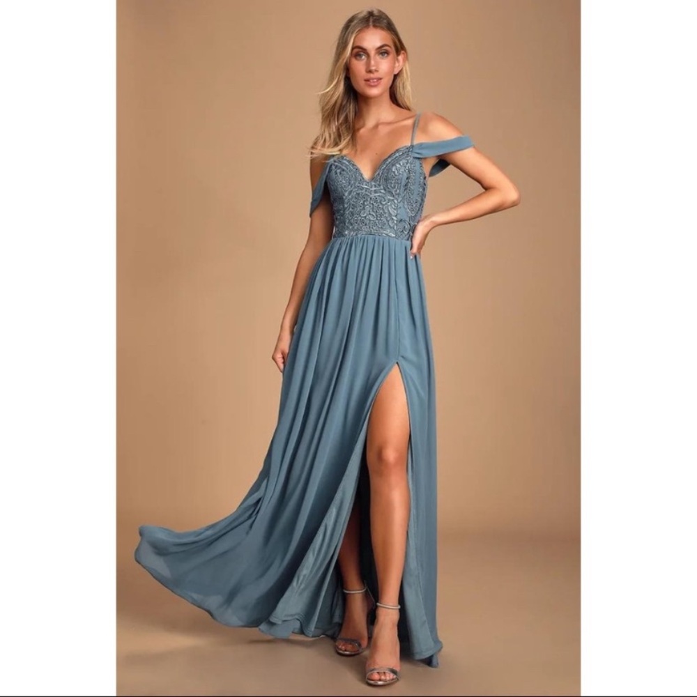Lulu's Off-Shoulder Blue Maxi Dress with Slit
